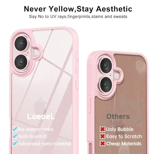 LoeoeL for iPhone 16 Plus Case Clear, Transparent Hybrid 16 Plus Phone Case [Hard Plastic & Soft Silicone Bumper] Acrylic Non Yellowing Thin Slim Protective Cover for Women, Light Pink - 4
