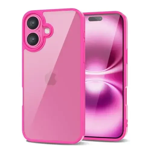 LoeoeL for iPhone 16 Plus Case Clear, Transparent Hybrid 16 Plus Phone Case [Hard Plastic & Soft Silicone Bumper] Acrylic Non Yellowing Thin Slim Protective Cover for Women, Neon Hot Pink - LOEOEL