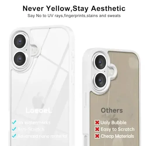 LoeoeL for iPhone 16 Plus Case Clear, Transparent Hybrid 16 Plus Phone Case [Hard Plastic & Soft Silicone Bumper] Acrylic Non Yellowing Thin Slim Protective Cover for Women, White - 3