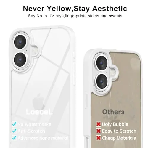 LoeoeL for iPhone 16 Plus Case Clear, Transparent Hybrid 16 Plus Phone Case [Hard Plastic & Soft Silicone Bumper] Acrylic Non Yellowing Thin Slim Protective Cover for Women, White - 3