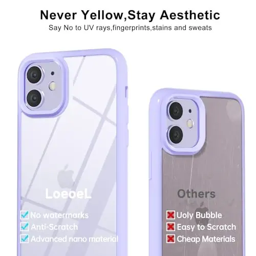 LoeoeL for iPhone 11 Case Clear, Transparent Hybrid 11 Phone Case [Hard Plastic & Soft Silicone Bumper] Acrylic Non Yellowing Thin Slim Protective Cover for Women, Purple Lavender - 11