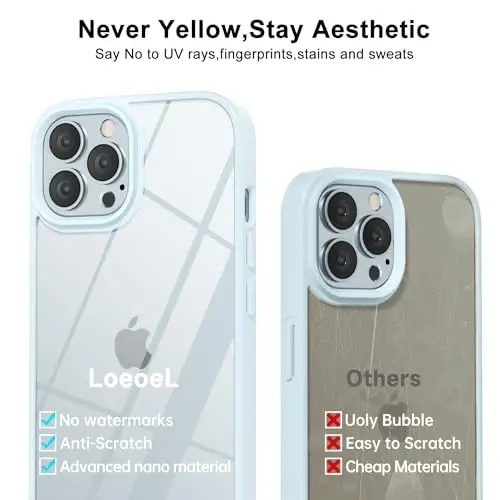 LoeoeL for iPhone 12 Pro/ 12 Case Clear, Transparent Hybrid 12 Pro/ 12 Phone Case [Hard Plastic & Soft Silicone Bumper] Acrylic Non Yellowing Thin Slim Protective Cover for Women, Light Blue - 5