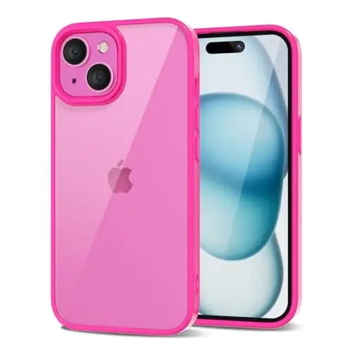 LoeoeL iPhone 15 Plus uchun g'ilof shaffof, shaffof gibrid 15 Plus telefon g'ilofi [qattiq plastik va yumshoq silikon bamper] Akril sarg'aymaydigan yupqa himoya qopqog'i ayollar uchun, Neon Hot Pink 