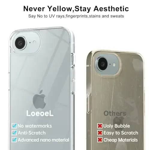 LoeoeL iPhone 16e uchun G'ilof Shaffof, Shaffof Gibrid 16e Telefon G'ilofi [Qattiq Plastmassa va Yumshoq Silikon Bamper] Akril Sariqlikni keltirib chiqarmaydigan Yengil Yupqa Himoya Qopqog'i Ayollar uchun, Billur Shaffof - 8