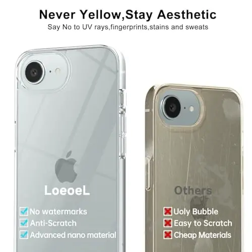 LoeoeL iPhone 16e uchun G'ilof Shaffof, Shaffof Gibrid 16e Telefon G'ilofi [Qattiq Plastmassa va Yumshoq Silikon Bamper] Akril Sariqlikni keltirib chiqarmaydigan Yengil Yupqa Himoya Qopqog'i Ayollar uchun, Billur Shaffof - 4