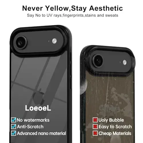 LoeoeL iPhone 17 Air Case Clear uchun, shaffof gibrid iPhone 17 Air telefon qutisi [qattiq plastik va yumshoq silikon bamper] Akril sarg'aymaydigan ingichka himoya qopqog'i ayollar uchun, qora - 4