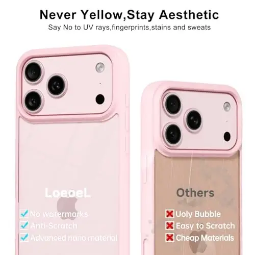 LoeoeL iPhone 17 Pro Case Clear uchun, Shaffof Gibrid iPhone 17 Pro Telefon Qutisi [Qattiq Plastik & Yumshoq Silikon Bumper] Akril Sarg'aymaydigan Yupqa Himoya Qopqog'i Ayollar uchun, Och Pushti - 9