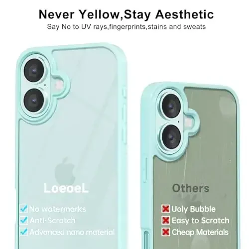 LoeoeL iPhone 17 uchun g‘ilof shaffof, shaffof gibrid iPhone 17 telefon g‘ilofi [qattiq plastik va yumshoq silikon bamper] Akril sarg‘aymaydigan ingichka himoya qopqog‘i ayollar uchun, Teal - 4