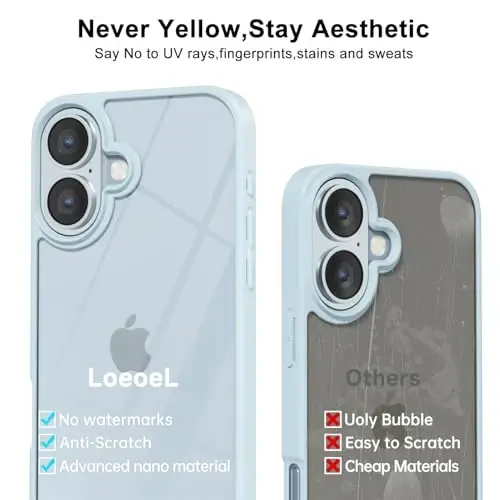 LoeoeL iPhone 17 uchun g'ilof Shaffof, shaffof gibrid iPhone 17 telefon g'ilofi [Qattiq plastik va yumshoq silikon bamper] Ayollar uchun sarg'aymaydigan yupqa himoya qopqog'i, och ko'k - 4