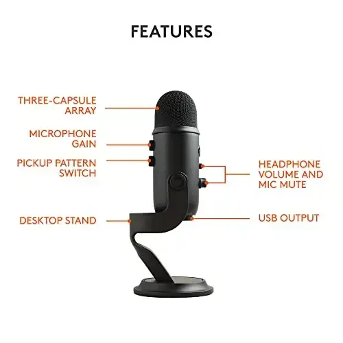 Logitech for Creators Blue Yeti USB Mikrofon o'yin, translyatsiya, podkasting, Twitch, YouTube, Discord, PC va Mac kompyuterlarda yozish uchun mos, 4 qutbli naqshlar, studiya sifatidagi tovush, ulanib ishlatish-karartma - 6