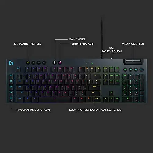 Logitech G815 LIGHTSYNC RGB Mechanical Gaming Keyboard with Low Profile GL Tactile key switch, 5 programmable G-keys, USB Passthrough, dedicated media control - Tactile - 5