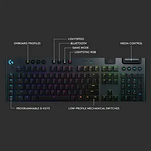 Logitech G915 LIGHTSPEED RGB mexanik oʻyin klaviaturasi, past profil GL Clicky kalit oʻtkazgichi, LIGHTSYNC RGB, ilgʻor LIGHTSPEED simsiz va Bluetooth qoʻllab-quvvatlashi - Clicky, Qora - 5