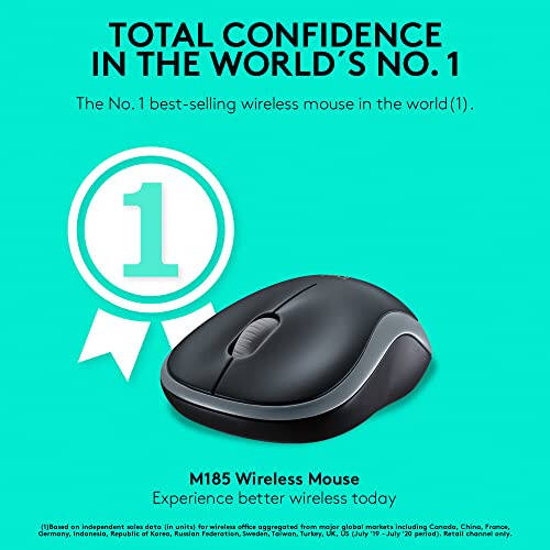 Logitech M185 Wireless Mouse, 2.4GHz with USB Mini Receiver, 12-Month Battery Life, 1000 DPI Optical Tracking, Ambidextrous PC/Mac/Laptop - Swift Grey - 14