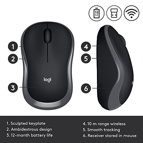 Logitech M185 Simsiz Sichqoncha, 2,4GHz USB Mini Qabul Qiluvchi bilan, 12 Oy Batareya Umri, 1000 DPI Optik Kuzatuv, Ikkala Qo'lga Moslashtirilgan PC/Mac/Noutbuk - Tez Kulrang - 16