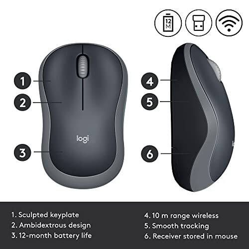 Logitech M185 Simsiz Sichqoncha, 2,4GHz USB Mini Qabul Qiluvchi bilan, 12 Oy Batareya Umri, 1000 DPI Optik Kuzatuv, Ikkala Qo'lga Moslashtirilgan PC/Mac/Noutbuk - Tez Kulrang - 10