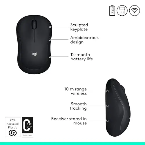 Logitech M185 simsiz sichqonchasi, USB Mini qabul qilgich bilan 2,4 GHz, 12 oylik batareya muddati, 1000 DPI optik kuzatuv, ikki tomonlama, kompyuter, Mac, noutbuk bilan mos keladi - qora 