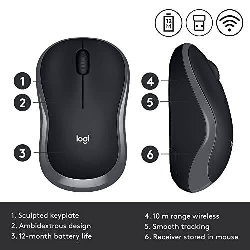 Logitech M185 Wireless Mouse, 2.4GHz with USB Mini Receiver, 12-Month Battery Life, 1000 DPI Optical Tracking, Ambidextrous PC/Mac/Laptop - Swift Grey - 16