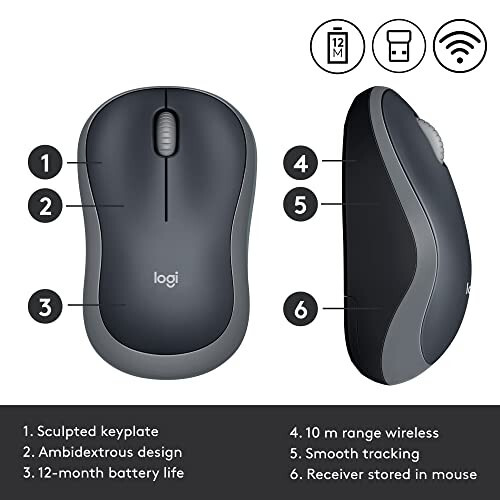 Logitech M185 Wireless Mouse, 2.4GHz with USB Mini Receiver, 12-Month Battery Life, 1000 DPI Optical Tracking, Ambidextrous PC/Mac/Laptop - Swift Grey - 10