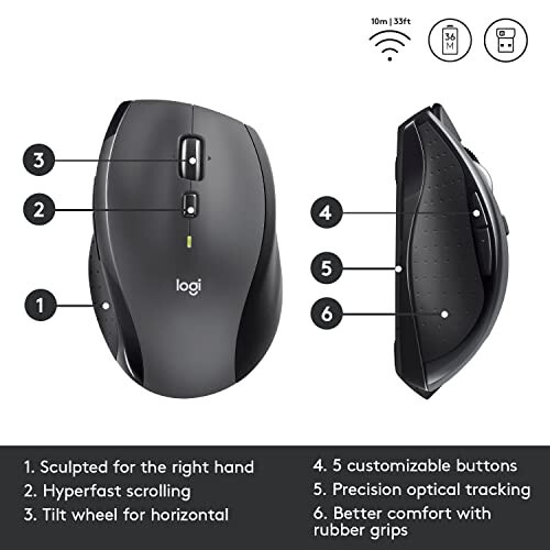 Logitech M705 Marathon Беспроводная мышь, 2,4 ГГц USB-приемник Unifying, 1000 DPI, 5 программируемых кнопок, 3-летняя батарея, совместима с ПК, Mac, ноутбуком, Chromebook - Черный - 6