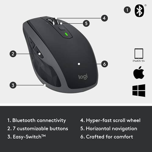 Logitech MX Anywhere 2S Bluetooth Edition Simsiz Sichqoncha - Har qanday yuzada foydalanish, o'ta tez aylantirish, qayta zaryadlanuvchi, 3 ta Apple Mac va Windows kompyuterlari va noutbuklari uchun boshqarish - 6