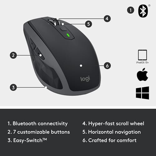 Logitech MX Anywhere 2S Bluetooth Edition Wireless Mouse - Use On Any Surface, Hyper-Fast Scrolling, Rechargeable, Control Up to 3 Apple Mac and Windows Computers and Laptops - 6