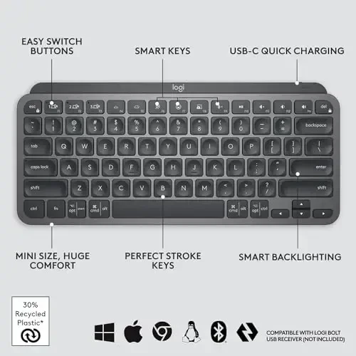 Logitech MX Keys Mini Keyboard + MX Anywhere 3S Wireless Mouse - Fluid Typing, Backlit Keys, Fast Scrolling, USB-C, Bluetooth, Compact, Multi-OS Compatible - Graphite - 7