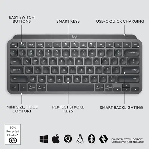 Logitech MX Keys Mini Keyboard + MX Anywhere 3S Wireless Mouse - Fluid Typing, Backlit Keys, Fast Scrolling, USB-C, Bluetooth, Compact, Multi-OS Compatible - Graphite - 7