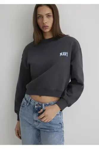 Logo Baskılı Antrasit Crop Sweatshirt 1611601-70763-Siyah - 1