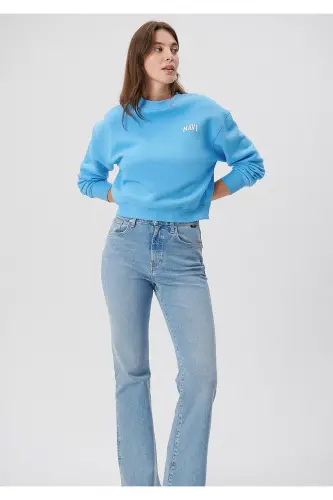 Logo Baskılı Crop Sweatshirt 1611601-70861-Mavi - 1