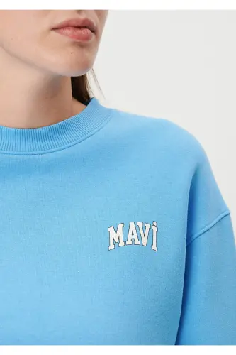 Logo Baskılı Crop Sweatshirt 1611601-70861-Mavi - 5