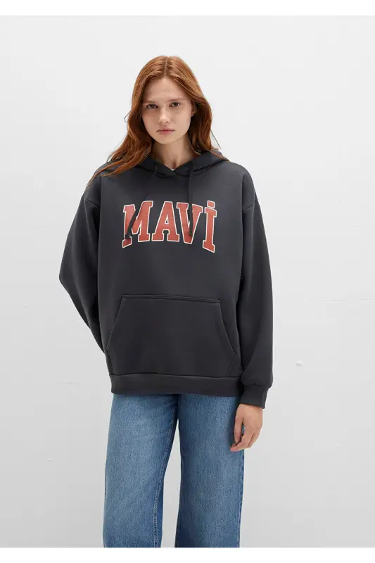 Logo Baskılı Kapüşonlu Antrasit Sweatshirt 1600361-80106 - Gri - 80106 - 1