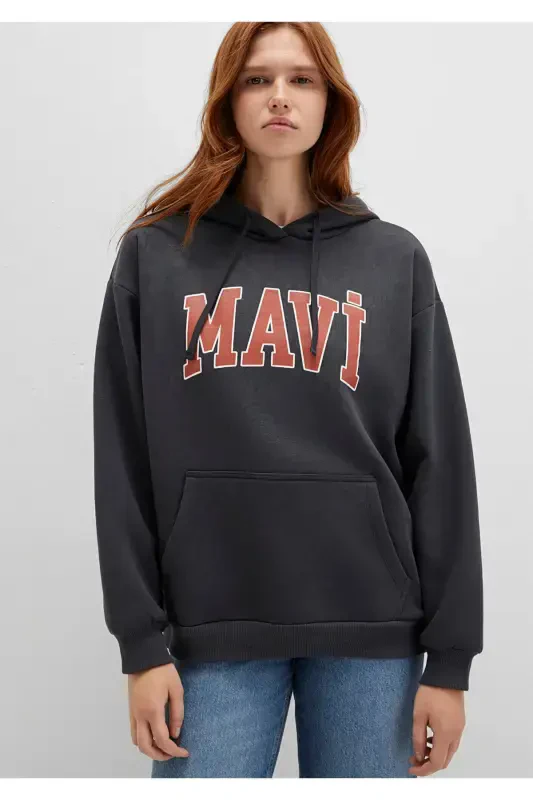 Logo Baskılı Kapüşonlu Antrasit Sweatshirt 1600361-80106-Gri - 2