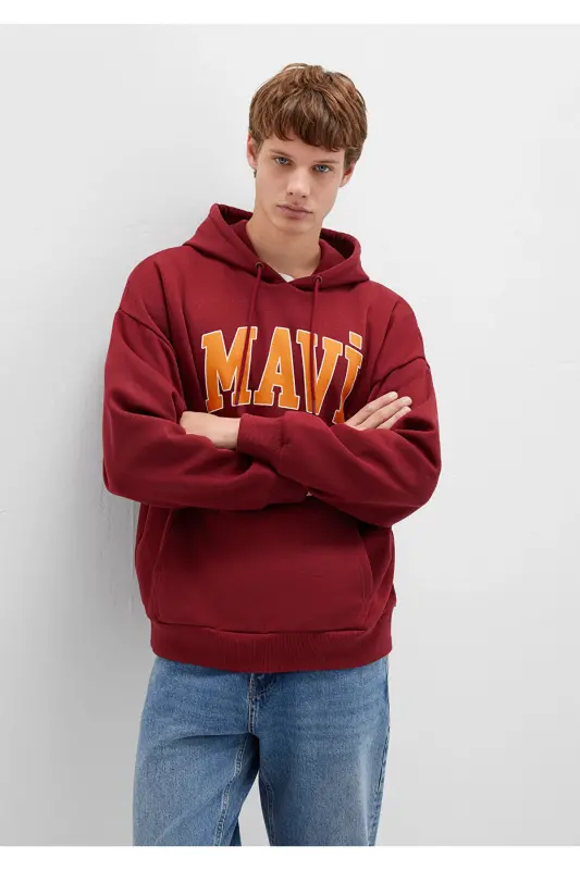 Logo Baskılı Kapüşonlu Bordo Sweatshirt 067149-85493-Bordo - 1