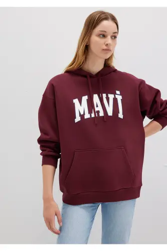 Logo Baskılı Kapüşonlu Bordo Sweatshirt 1600361-85493 - Bordo-85493 - MAVI (1)