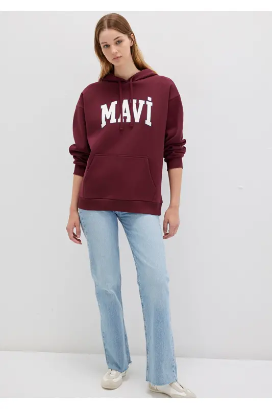Logo Baskılı Kapüşonlu Bordo Sweatshirt 1600361-85493 - Bordo-85493 - 3