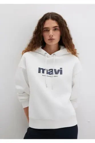Logo Baskılı Kapüşonlu Ekru Sweatshirt 168334-81964-Beyaz - MAVI (1)
