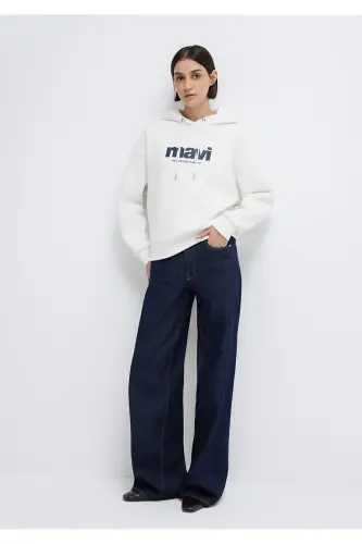 Logo Baskılı Kapüşonlu Ekru Sweatshirt 168334-81964-Beyaz 