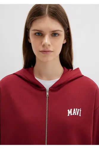 Logo Baskılı Kapüşonlu Fermuarlı Bordo Sweatshirt 1S10178-85493-Bordo - 5