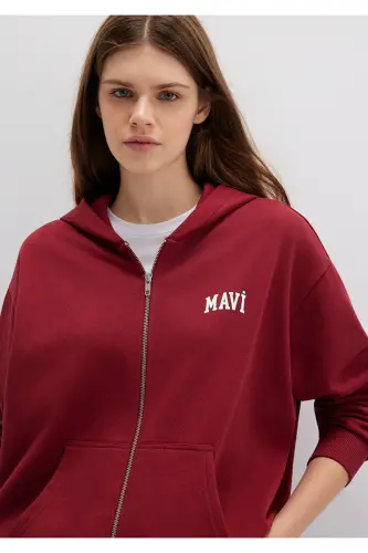 Logo Baskılı Kapüşonlu Fermuarlı Bordo Sweatshirt 1S10178-85493 - Bordo-85493 