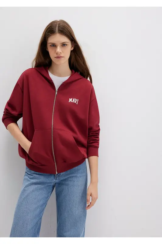 Logo Baskılı Kapüşonlu Fermuarlı Bordo Sweatshirt 1S10178-85493 - Bordo-85493 - 2