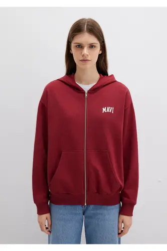 Logo Baskılı Kapüşonlu Fermuarlı Bordo Sweatshirt 1S10178-85493 - Bordo-85493 - 3