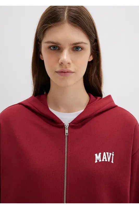 Logo Baskılı Kapüşonlu Fermuarlı Bordo Sweatshirt 1S10178-85493 - Bordo-85493 - 5