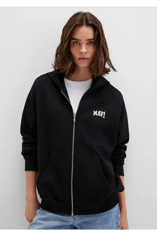 Logo Baskılı Kapüşonlu Fermuarlı Siyah Sweatshirt 1S10178-900 - Siyah-900 - 5