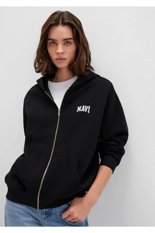 Logo Baskılı Kapüşonlu Fermuarlı Siyah Sweatshirt 1S10178-900 - Siyah-900 - 6