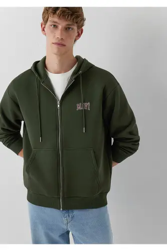 Logo Baskılı Kapüşonlu Fermuarlı Yeşil Sweatshirt 0611715-71584 - Yeşil - 1