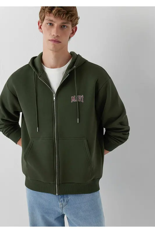 Logo Baskılı Kapüşonlu Fermuarlı Yeşil Sweatshirt 0611715-71584 - Yeşil - MAVI
