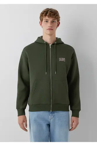 Logo Baskılı Kapüşonlu Fermuarlı Yeşil Sweatshirt 0611715-71584 - Yeşil - 3