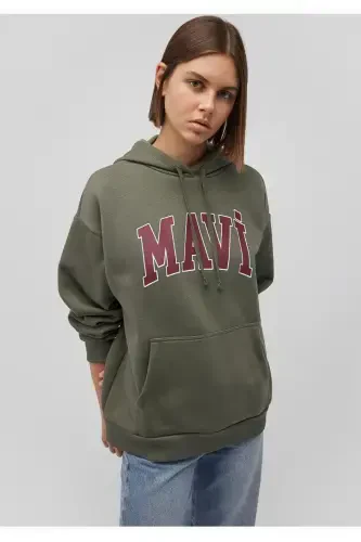 logo baskılı kapüşonlu haki oversize sweatshirt-Haki - MAVI (1)