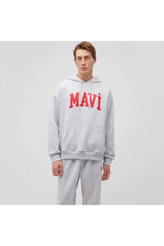Logo Baskılı Kapüşonlu Gri Sweatshirt 067149-80889 - GRİ - 3