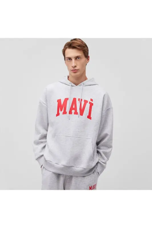 Logo Baskılı Kapüşonlu Gri Sweatshirt 067149-80889 - GRİ - 4